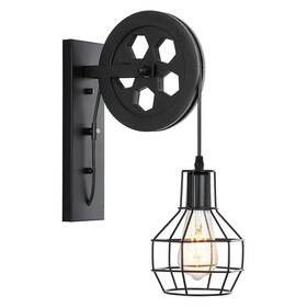 Baoden 717675889075 1-light Rustic Wall Light Lift Pulley With Matte Iron Cage Lampshade Industri