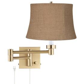 Ks0062m Barnes And Ivy Alta Warm Gold Plug-in Swing Arm Wall Lamp With Burlap Drum Shade