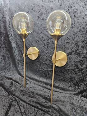 L0293d01 Bokt Brass Gold Wall Sconce Lighting Set Of 2 Mid Century Modern Lg Globe Amber