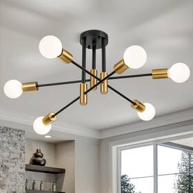 J0035 Brknit 6-light Modern Sputnik Chandeliers Black Gold Semi Flush Mount Ceiling Light