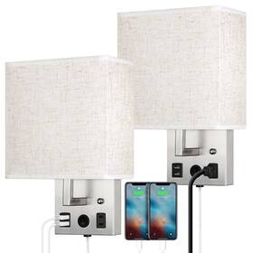 Ht-r145 Caduke Bedside Wall Lamp Set Of 2 Plug In Light With Usb Charging Ports And Ac