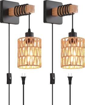Cafulam 768793490612 Rustic Wall Sconces Fixtures With Plug In Cord Set Of Two Indoor Vintage Rattan