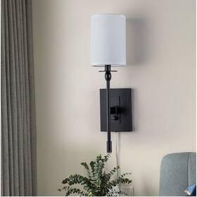 Ca2294-w Cattleya Dimmable Black Wall Sconce Plug In Wall/ Hardwire White Fabric Shade Nib