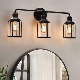 412505 Cedar Hill 24 Inch 3-light Black Industrial Vanity With Metal Cage Wall Sconce