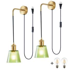 Stw096 Compixiu 2 Pack Wall Sconces With Green Glass Shade 3000k Warm Light Plug In Cord Wit