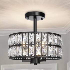 6014s Cunfash 3-light Round Crystal Ceiling Light Fixture Black Semi Flush Mount Chandelier