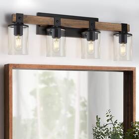 Drnanlit 761770350756 4-light Industrial Farmhouse Vanity Lights Rustic Wood Bathroom Wal