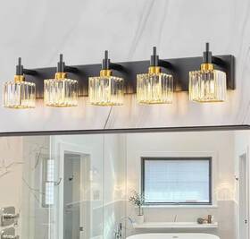 81010000048268 Edislive Sealed Orillia 35.4 Inch 5-light Black&gold Vanity Light With Crystal Shades C1