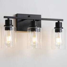 Am-70050-3-bk Emong 3-lights Bathroom Light Fixtures Matte Black Vanity With Glass Shade