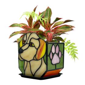Hgg1233 Entlityful Handcrafted Stained Glass Dog Planter Indoor Planters With Drainage And Tray