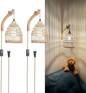 Frideko Home 445029613603 Wicker Wall Sconces Set Of 2 With Plug-in Cord For Farmhouse Decor