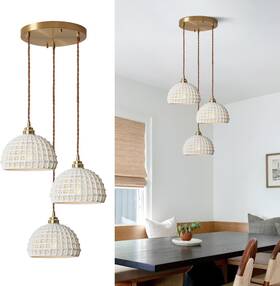 D5062-3 Fulesi 3 Light Vintage White Ceramic Pendant Lights Mid Century Modern Brass Ceiling
