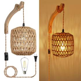 Fylbinye 756197742482 1 Light Dimmable Boho Plug In Wall Sconce Farmhouse Rattan Set Of 2