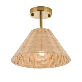 Gaj-002-g Gajuenu Boho Gold Semi Flush Mount Ceiling Light Farmhouse Rattan Fixt