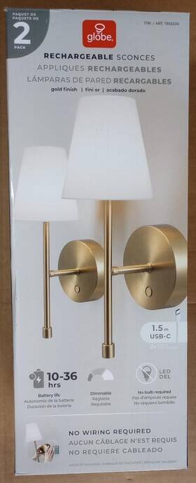 Globe 058219161883 New 2 Pk Electric Wireless Rechargeable Led Integrated Gold Wall Sconces
