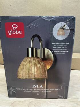 Globe 058219765869 Isla 1-light Matte Brass Plug-in Or Hardwire Wall Sconce With Faux Rattan Shade