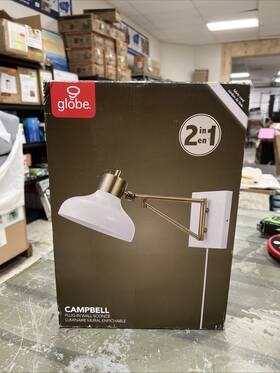 51797 Globe Electric Campbell White And Brass Swing Arm Wall Sconce New Open Box