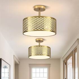 G-cell01-go-1p Guihualove Gold Semi-flush Mount Ceiling Light 13 Inch Metal Mesh And White Round Fabri