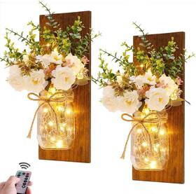 Hmr-mjs2-b02 Handmade Rustic Mason Jar Wall Sconces With Led Fairy Lights And White Peony Farmhouse Deco
