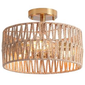 H6508-3 Hchunqjor 3-light Antique Gold Woven Flush Mount Light Fixture Rustic Coastal Hemp Rope