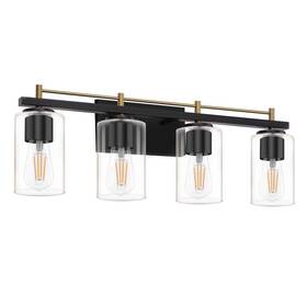 Jqd03rxy04gd Hkmgt Farmhouse 24 Inch 4-light Gold And Black Bathroom Vanity Light With Glass Shade