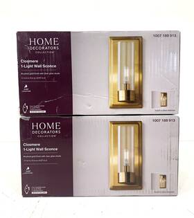 1007188913 Home Decorators Collection 2pk Closmere 1-light Brushed Gold Wall Sconce Clear Glass New 1007188913 Home Decorators Collection 2pk Closmere 1-light Brushed Gold Wall Sconce Clear Glass New