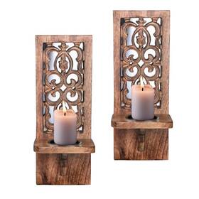 Homebia Designs 370621764491 Decorative Wooden Wall Candle Sconces - Set Of 2 16 Inch Pillar Holders Rus