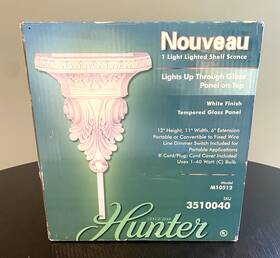 M10512 Hunter Art Nouveau Lighted Shelf Sconce By White 12 Inch X11 Unused Elec. Wire Ext M10512 Hunter Art Nouveau Lighted Shelf Sconce By White 12 Inch X11 Unused Elec. Wire Ext