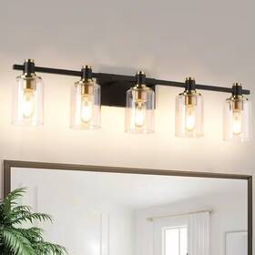 Hd-7906-5-bk Jusheng Gd 34.65 Inch 5 Light Black And Gold Bathroom Vanity With Cylinder Clear Glass