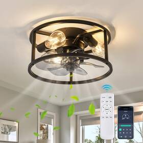 P-1215 Latinulu Flush Mount Ceiling Fans With Lights And Remote Control Black Caged Low Profi