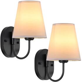 Lee-735-01 Leecoora Hardwired Set Of 2 Black Metal Wall Sconces With White Fabric Shades Sma
