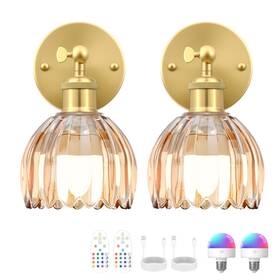 Ga25026fen01-2p Letry Vintage Rechargeable Wall Sconce With Amber Tulip Glass Remote Set Of 2