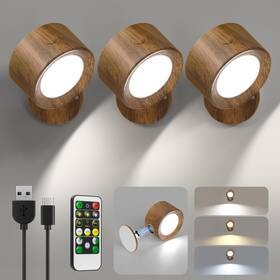 X120-3pcs-wood Lightbiz Led Wall Lights Sconces 3 Pcs With Remote Rechargeable Battery