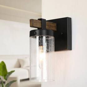 Lnc 739406533576 Fora Modern Farmhouse 1-light Cylinder Glass Bathroom Vanity Faux Wood L4.5 Inch W