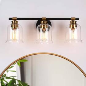 Ivi6bqhd14610b7 Lnc Vanity Light 7.5 Inch X21.5 X8 3-light Black With Plated Bell Clear Glass Shades
