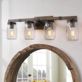 Vuabnuhd1356216 Lnc Bathroom Vanity Light 4-lights Wood Accents Seeded Mason Jar Glass Shade