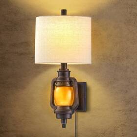 Luxsight Collection 691189801757 Wall Mount Lamp Lights With Plug In Cord - Dark Bronze Finish Linen Fabr
