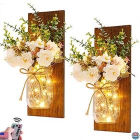 B07ssld42m Martha Stewart Rustic Mason Jar Wall Sconces With Led Fairy Lights And White Peony - Set Of 2