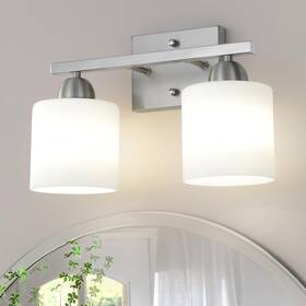 B0003-2 Mecgirn Stainless Steel Milk Glass Bathroom Vanity Light Over Mirror 2 Brushed