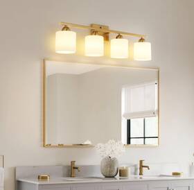 B0003-4-gold Mecgirn Stainless Steel Milk Glass Vanity Lights For Bathroom 4 Light Gold B