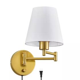 Merra 313111711735 Modern 1-light Gold Swing Arm Wall Lamp With White Fabric Shade And 72 Inch Cord For