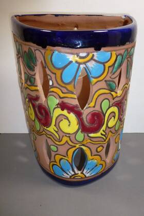 541315-7 Mexican Artist Vntg. Handmade Pottery Colorful Talavera Wall Lighting Sconce Signed