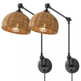 Mlian 313107419478 1-light Indoor Swing Arm Wall Lamp With Rattan Shade Set Of 2
