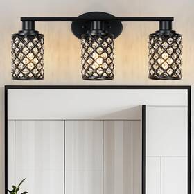 83009w-3bk Niloah Black Vanity Light - Modern 3-light Bathroom Fixture With Crystal Shad