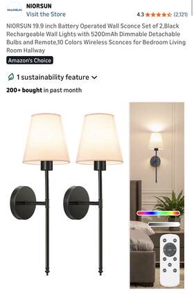 Niorsun 725889653429 19-9-in 2-pc Blk Battery Operated Wall Sconce 5200mah Dimmable 10 Color