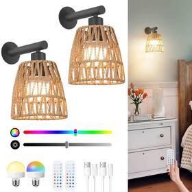 Dx23067w1-bk-2 Oiyio Boho Battery Operated Wall Sconces Rattan Sconce 6.3in Wireless Black