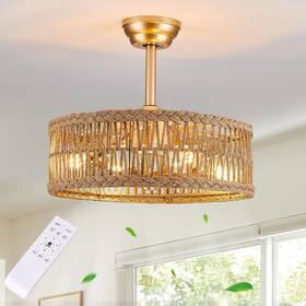 Op-cl00012b Opkmb 20 Inch Gold Semi Flush Mount Rattan Ceiling Fan Light Fixture Drum Shade Wi