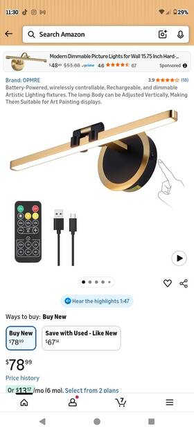 B0ddh79838 Opmre Modern Led Dimmable Rechargeable 14.2 Inch Brushed Brass Wall Picture Light