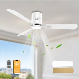 Fj1026-3-52wh-f Oponl White Ceiling Fan With Light 52inch Low Profile Remote Control Flush Mount