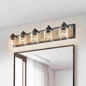 Bd005-5-bk Pasentel Farmhouse 40 Inch 5-light Black And Grey Wood Grain Metal Vanity Light